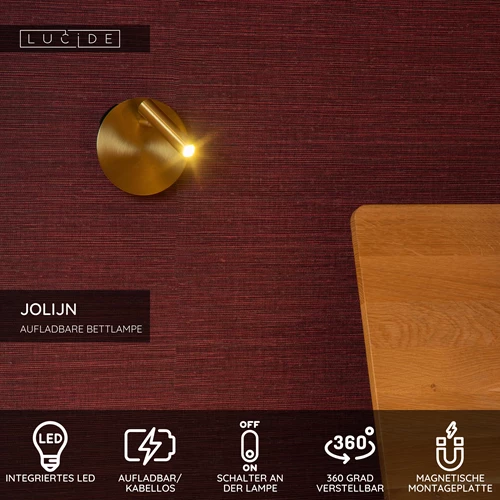 Lucide JOLIJN - wiederaufladbare Bettlampe / Wandleuchte - Akku/Batterie - Ø 10,2 cm - LED - 1x2W 3000K - Magnetisch - Mattes Gold / Messing - USP